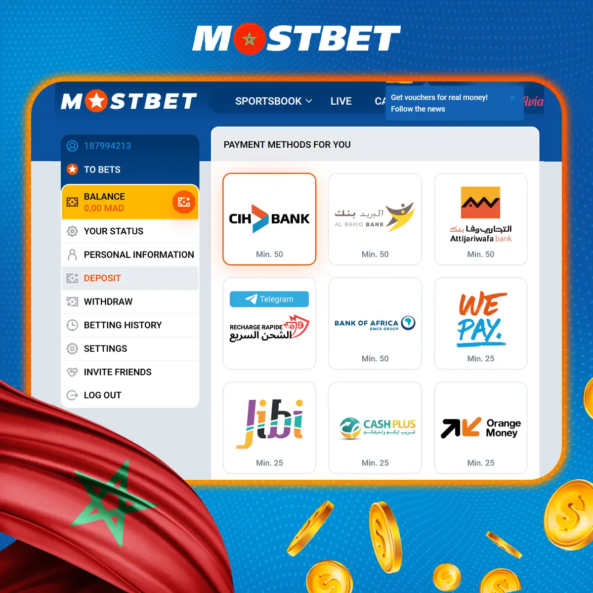 كيفية إجراء أول إيداع لك وسحب الأموال على منصة Mostbet المغرب